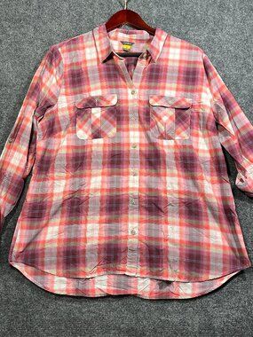 Eddie Bauer Travex Top Womens XL Purple Red Plaid Button Up Roll Tab Sleeve